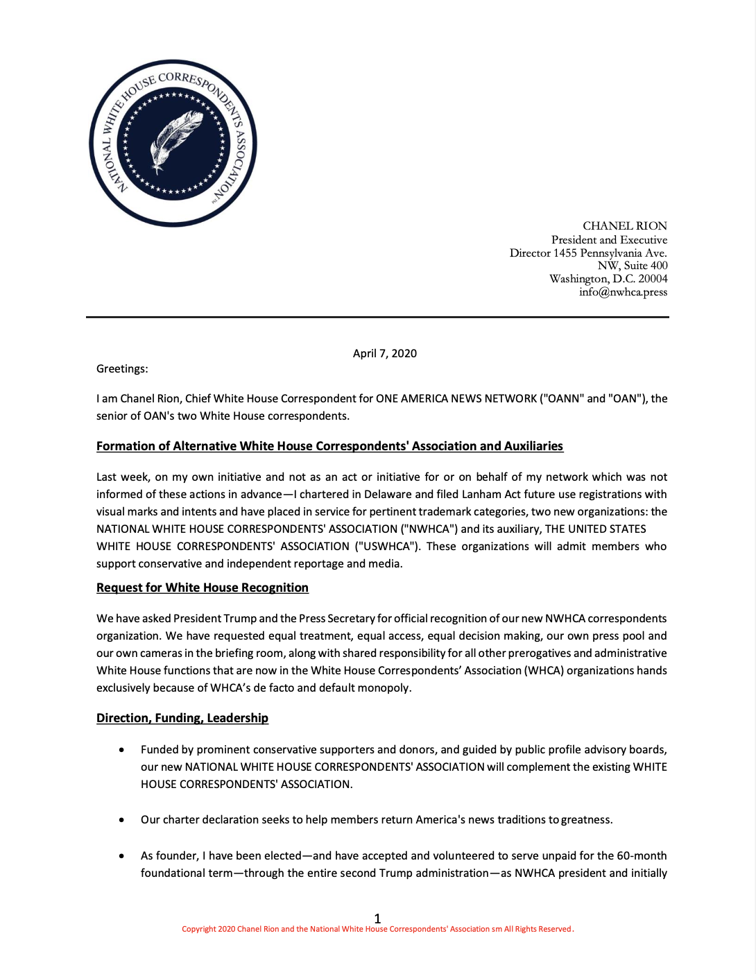 First page of the NWHCA founding letter, April 7, 2020.